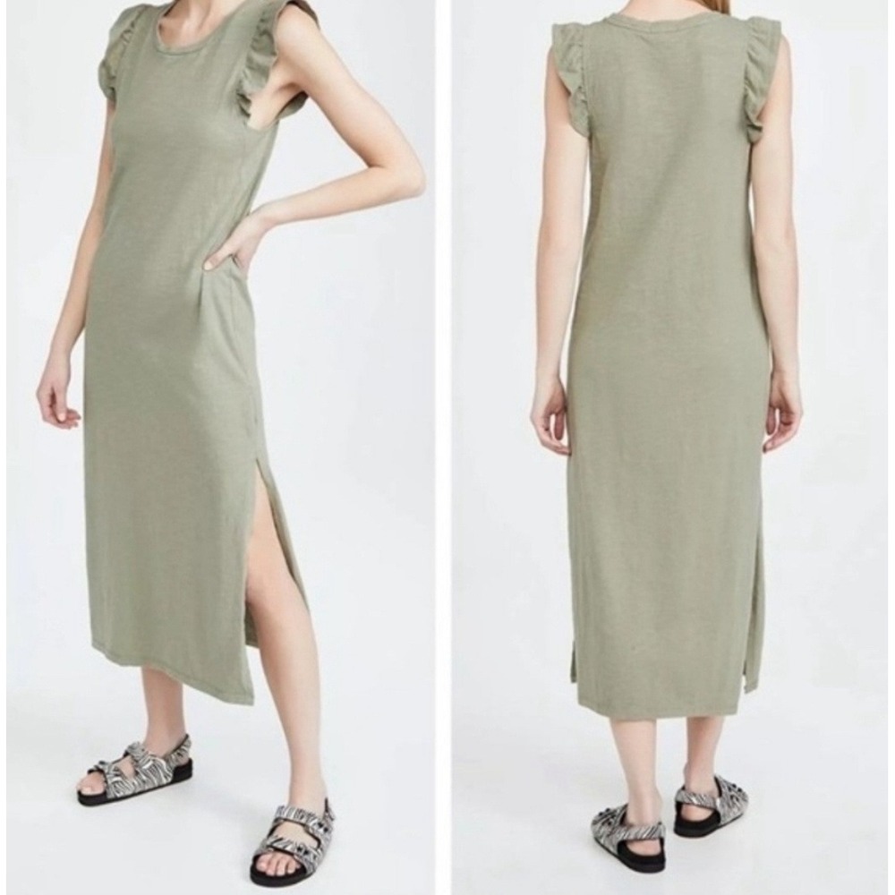 Sundry Ayana Sleeveless Midi Olive Green Dress Ruffle Sleeve Slit Size 2 (M 6-8)